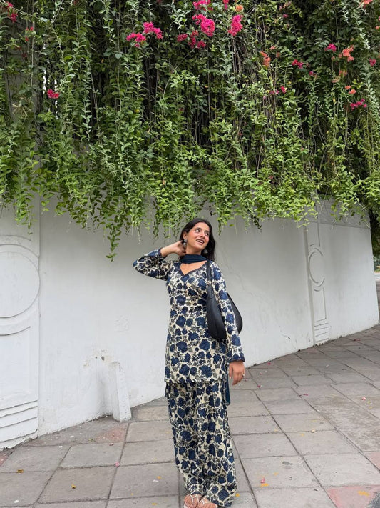 Navy Blue & White Floral Printed Farshi Salwar Suit Set with Dupatta