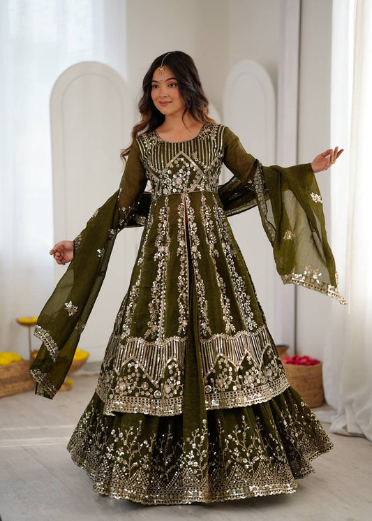 Olive Green Heavy Embroidered Anarkali Lehenga Set with Dupatta