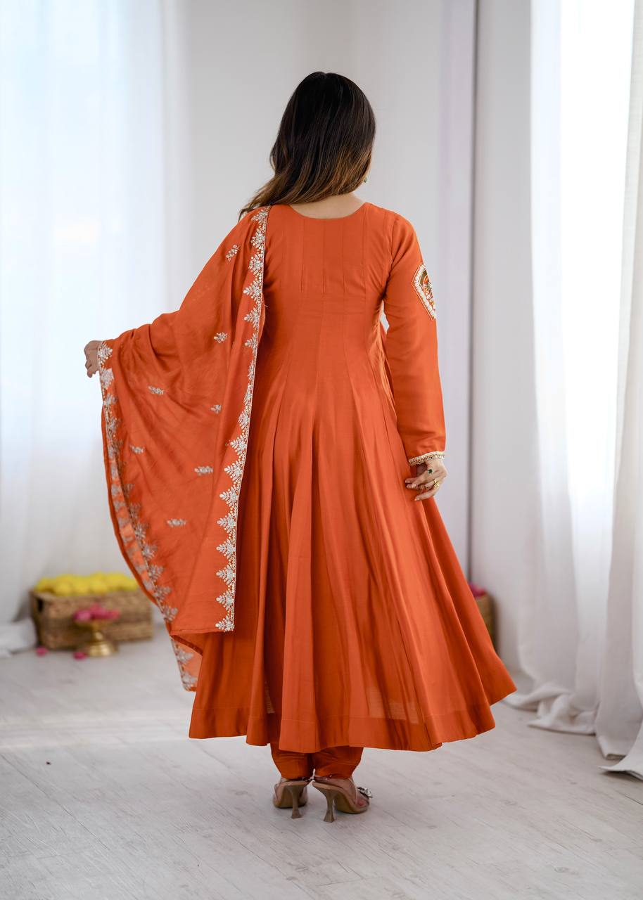 Orange Silk Anarkali Gown with Embroidery Sequins Work & Dupatta