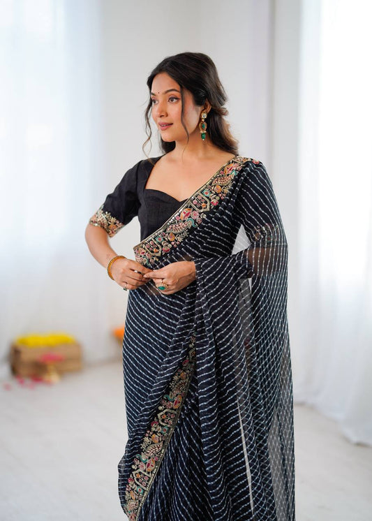 Black Bandhani Print Georgette Saree with Embroidered Border & Blouse