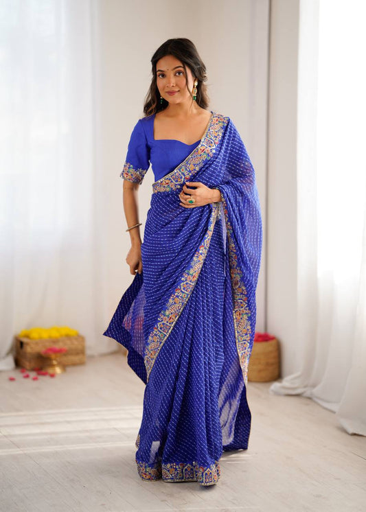 Royal Blue Bandhani Print Georgette Saree with Embroidered Border & Blouse