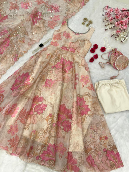 Beige Pink Floral Organza Anarkali Gown Set with Dupatta, Pant & Batwa Bag