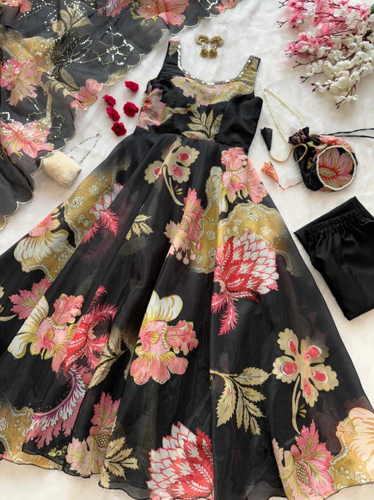 Black Floral Organza Anarkali Gown Set with Dupatta, Pant & Batwa Bag