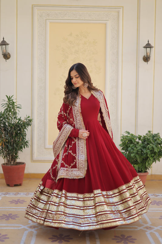 Luxury Floor Length Maroon Anarkali Suit with Embroidery Dupatta