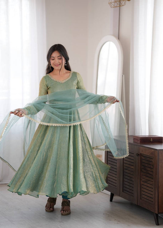 Pastel Green Flared Anarkali Gown with Real Mirror Work Lace Border