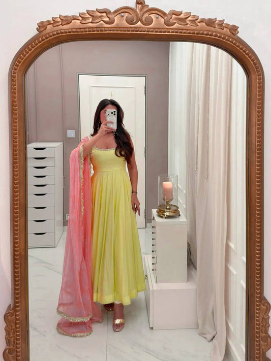 Pastel Yellow Georgette Anarkali Suit with Pink Dupatta