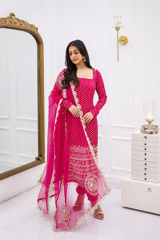 Pink Bandhani Printed Georgette Kurti Pant Dupatta Set