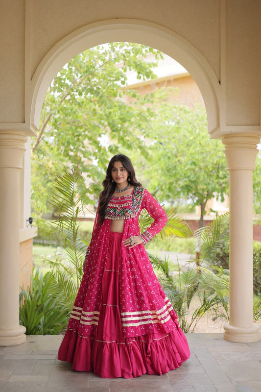 Pink Bandhani Lehenga Choli with Kutchi Gamthi Patchwork Shrug