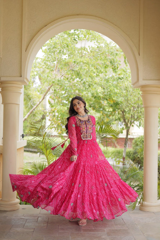 Pink Bandhani Print Kutchi Gamthi Patchwork Gown