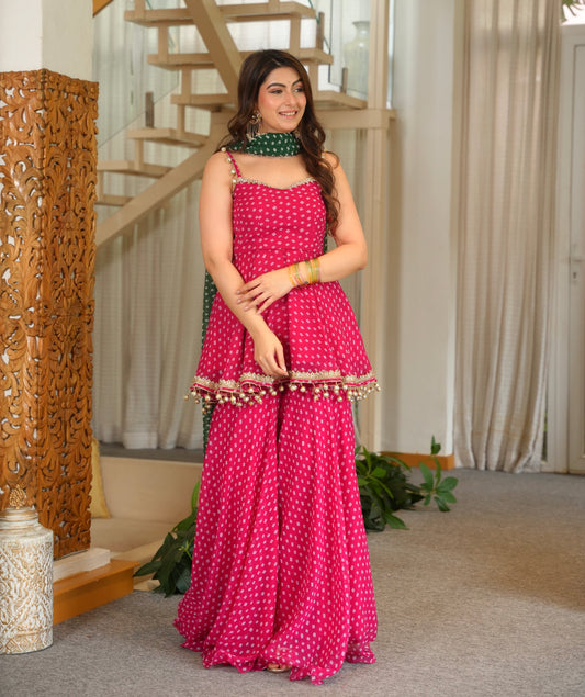 Pink Bandhej Print Kediya Palazzo Set with Green Dupatta