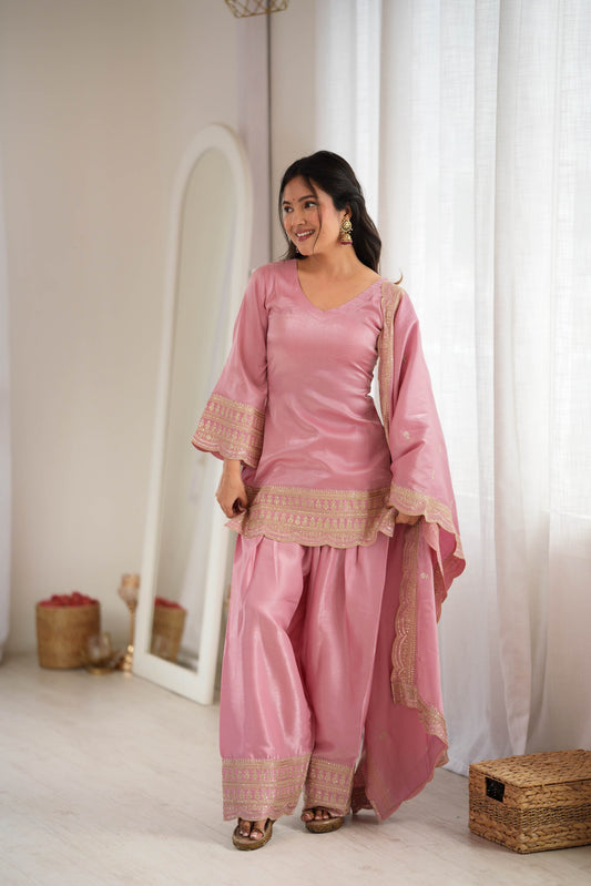 Pink Glass Roman Silk Farshi Shalwar Suit Set with Embroidered Dupatta