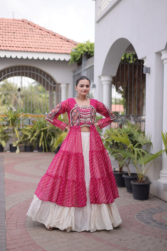Pink Laheriya Georgette Kurti with White Kora Cotton Lehenga Set