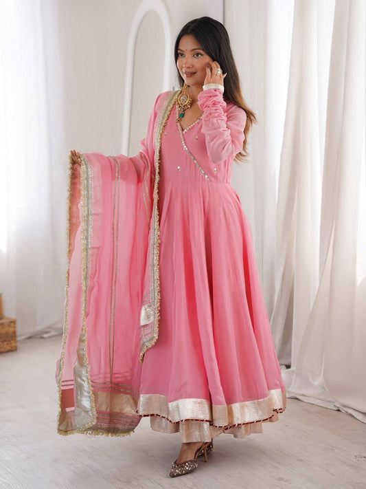 Pink Tabby Organza Silk Anarkali lehenga set with mirror hand work Gotta Patti lace and dupatta for women