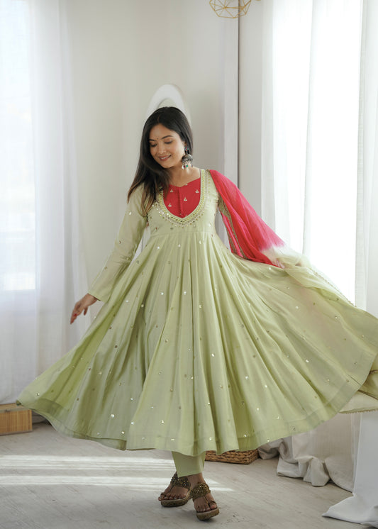 Pista Green Roman Silk Anarkali Gown with Real Mirror Work & Kota Checks Dupatta