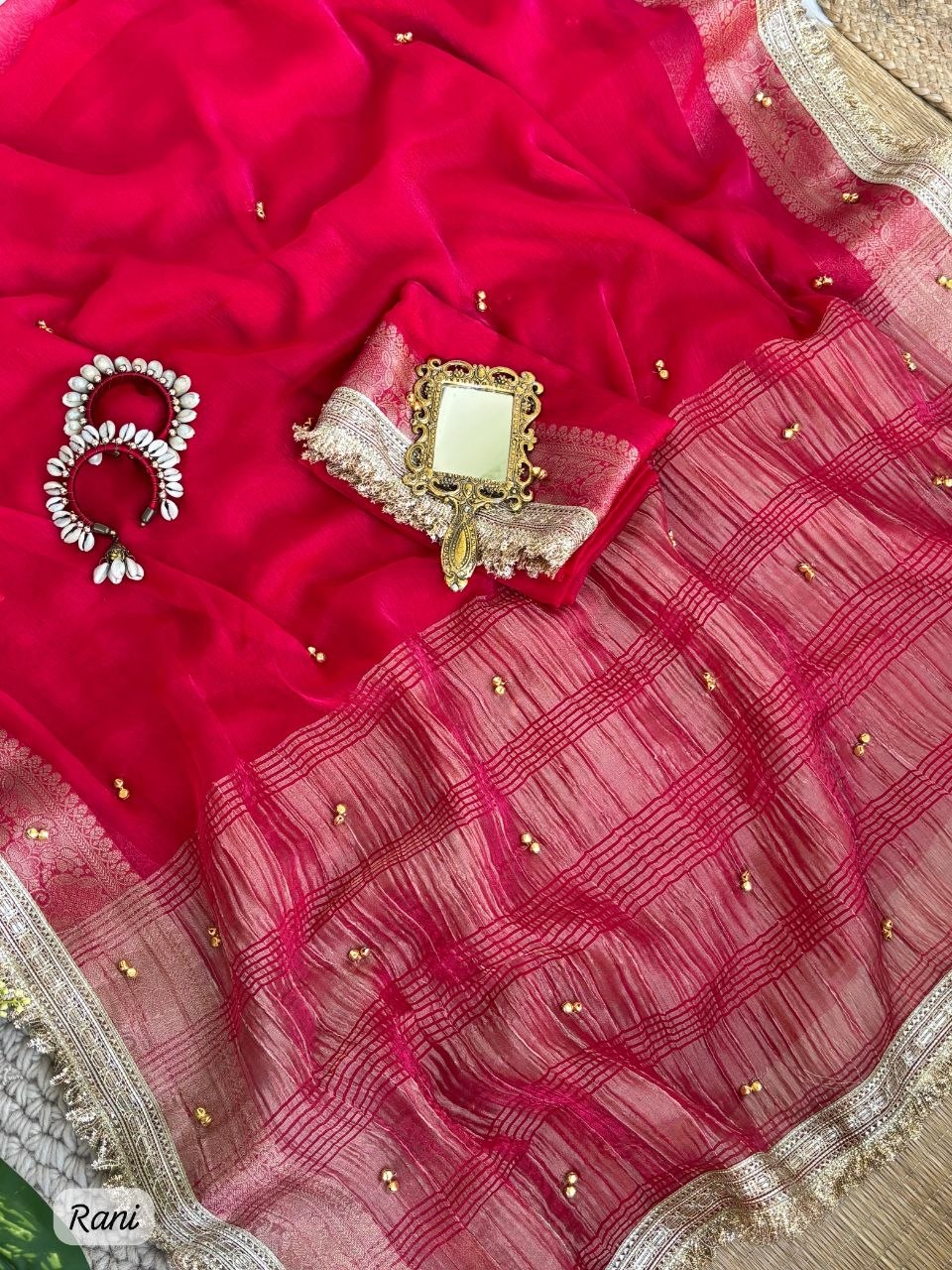 Fendy Chiffon Ghungroo Saree with Golden Zari Border & Decorative Tassels