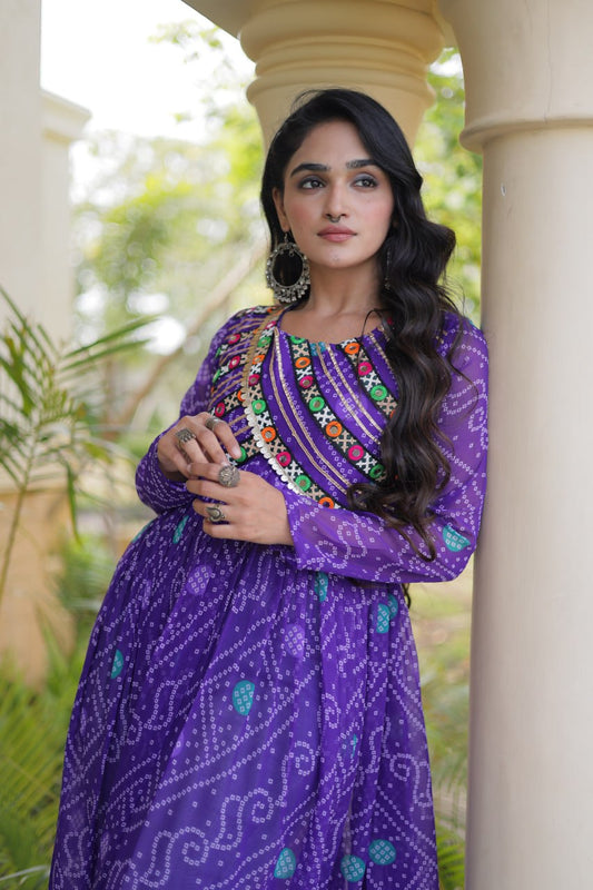 Purple Bandhani Print Kutchi Gamthi Patchwork Kurti