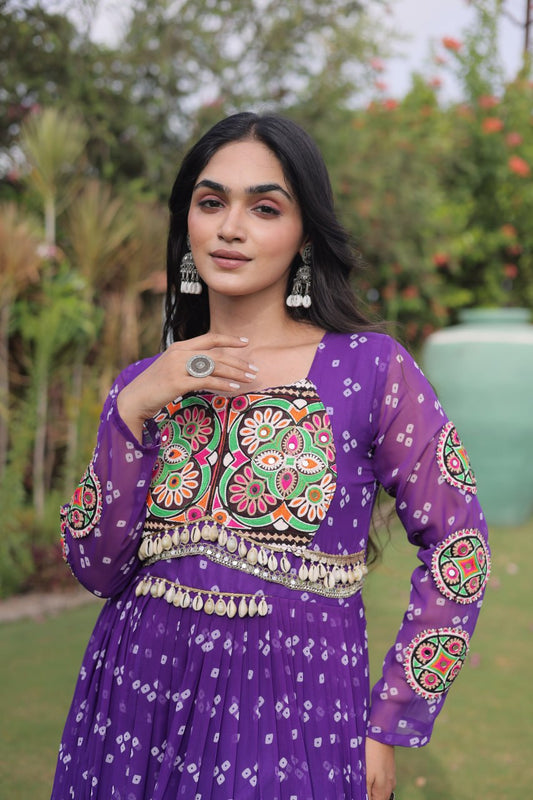 Purple Bandhani Printed 12 Mtr Georgette Gown with Kutchi Patchwork
