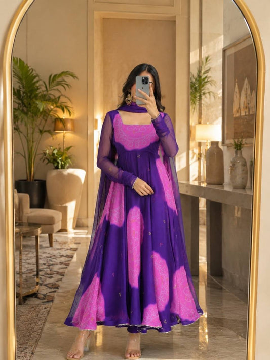 Purple Georgette Digital Print Anarkali Suit Set with Dupatta