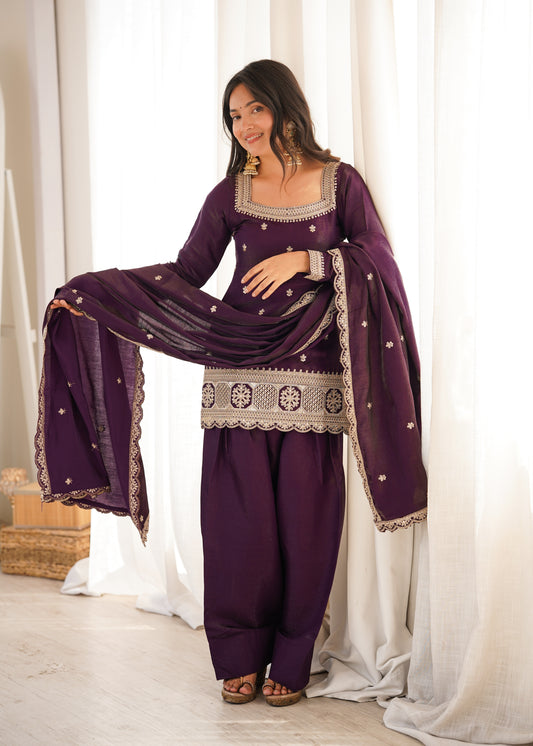 Wine Silk Farshi Salwar Suit with Embroiderey Sequence Dupatta