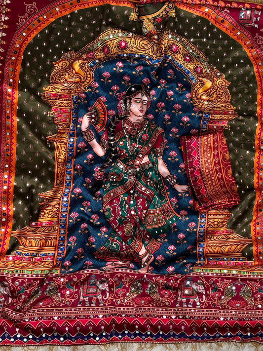 Maroon Multicolor Traditional Printed Saree with Hand Mirror Work Tassel Pallu & Gota Border