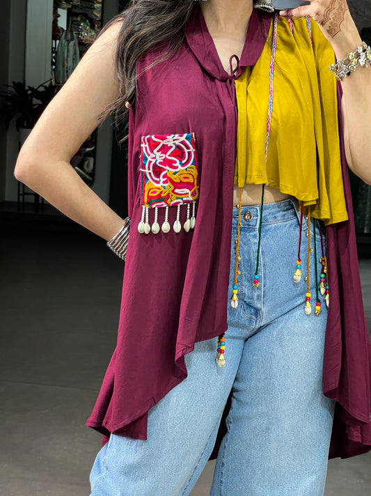 Rayon Gamthi Work Garba Long Shrug with Handmade Tassel Detailing