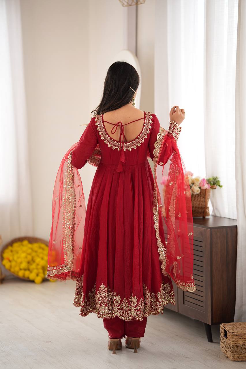 Red Anarkali Suit with Embroidery Sequins Work & Lace Border Dupatta