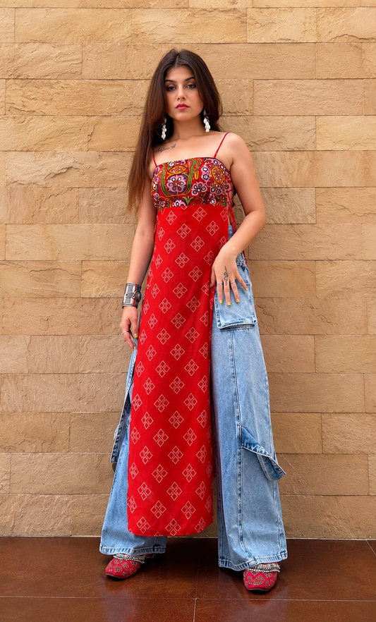 Red Bandhej Printed Long Top with Real Mirror Work
