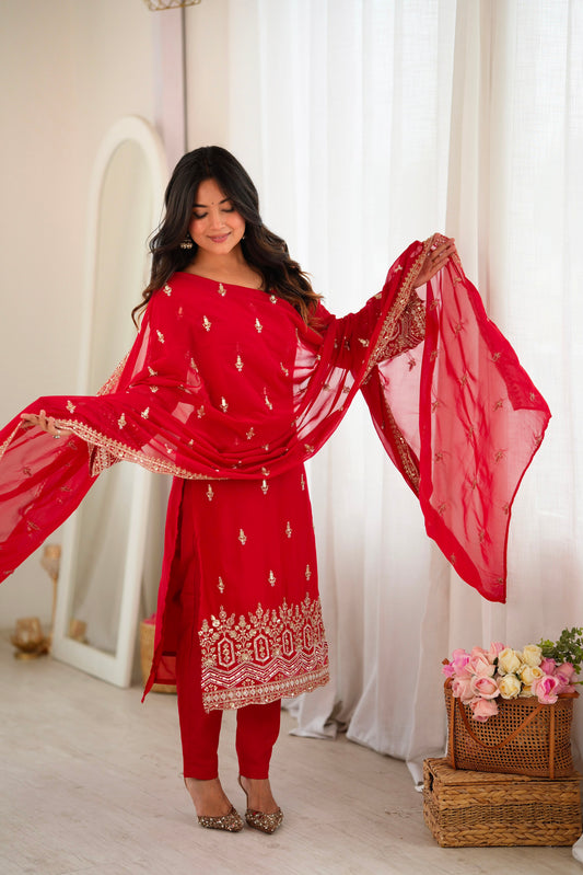 Red Heavy Embroidered Georgette Suit Set with Beads, Sequins & Thread Work