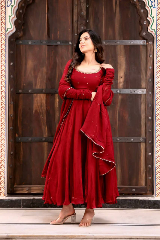 Red Georgette Handwork Anarkali Gown with Pant & Dupatta