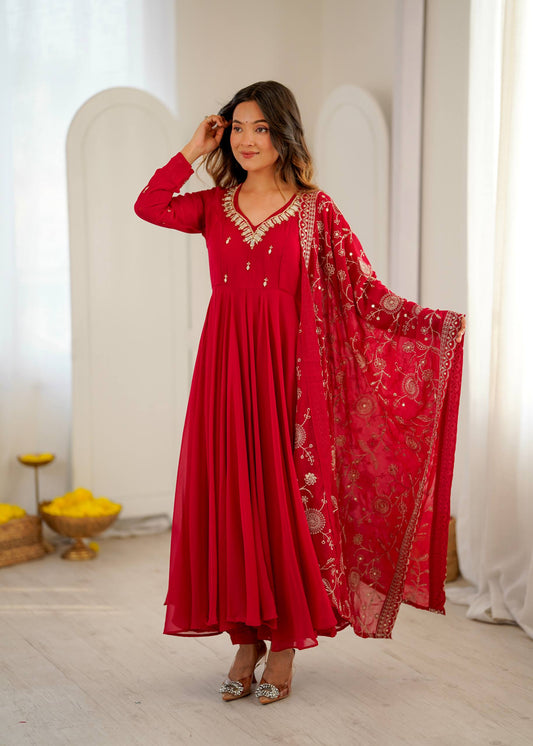 Red Heavy Georgette Anarkali Gown with Khatli Work & Real Mirror