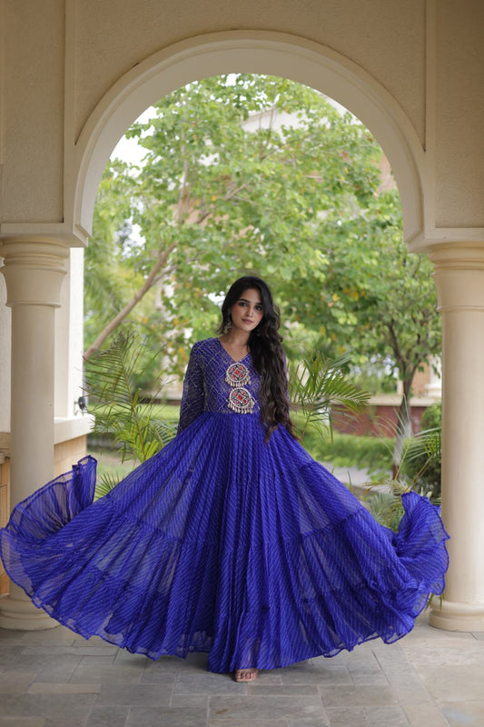 Royal Blue Laheriya Print Gown with Kutchi Patchwork