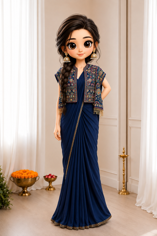 Royal Blue Pre-Stitched Saree with Embroidered Koti Jacket & Belt