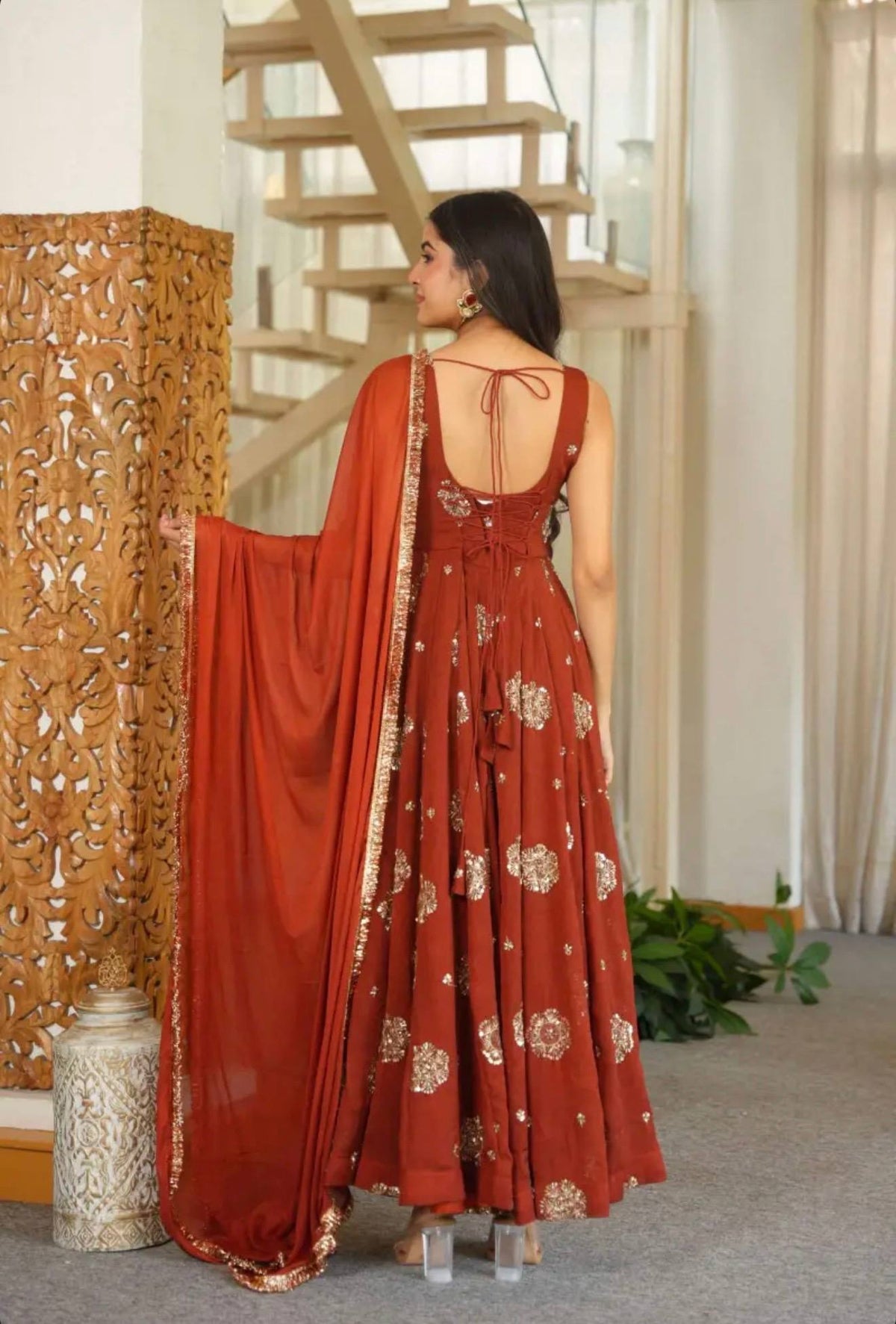 Rust Orange Anarkali Gown with Golden Embroidery & Matching Dupatta