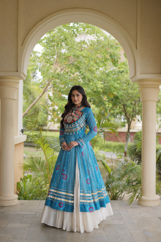 Sky Blue Bandhani Print Kurti with Kutchi Patchwork & 12 Meter Kora Cotton Frill Lehenga