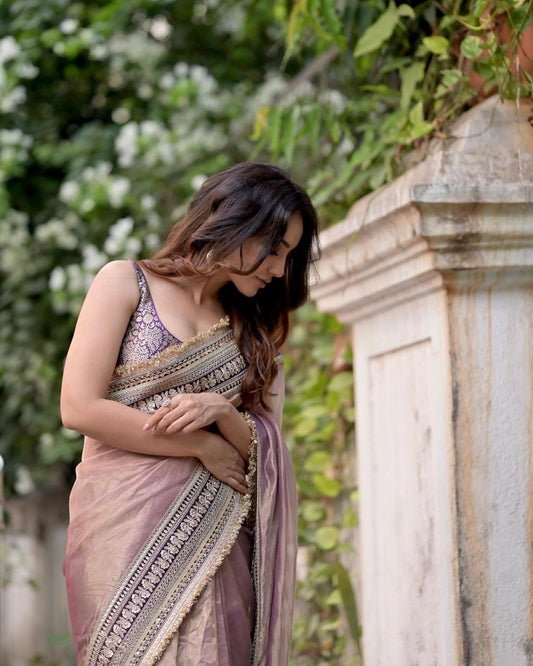 Surbhi Chandna inspired Soft Net Sequin & Dori Embroidered Saree with Jacquard Silk Blouse