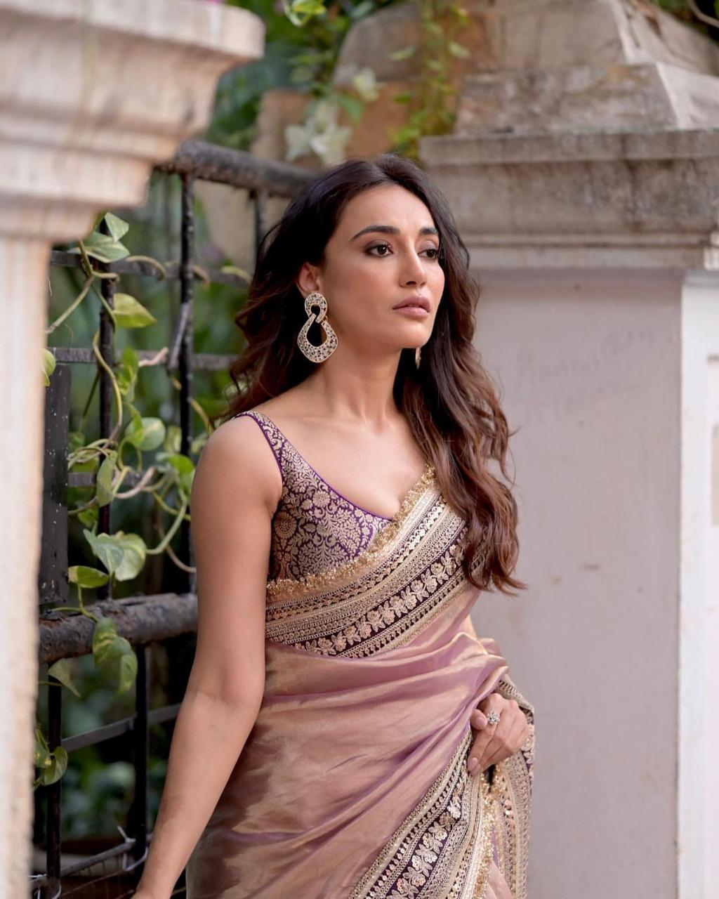 Surbhi Chandna inspired Soft Net Sequin & Dori Embroidered Saree with Jacquard Silk Blouse