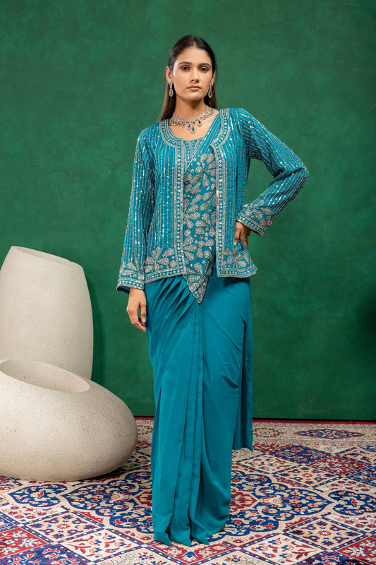 Teal Blue Pre-Draped Embroidered Saree with Zari & Sequins Jacket
