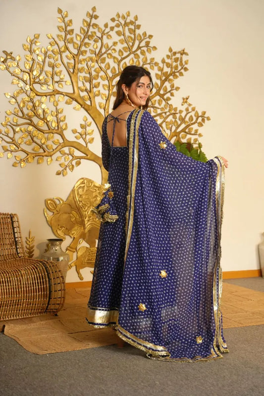 Designer Navy Blue Anarkali Gown with Gold Border