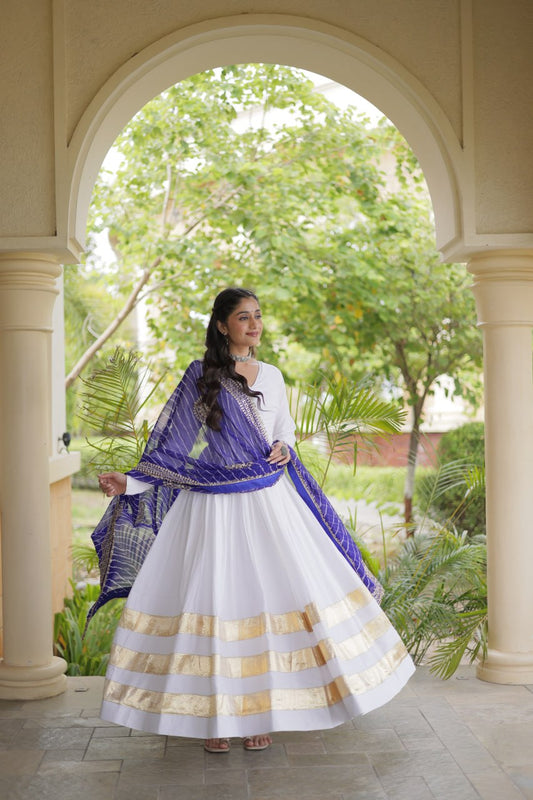 White Anarkali Style Gown with Gota Patti Work & Leheriya Dupatta