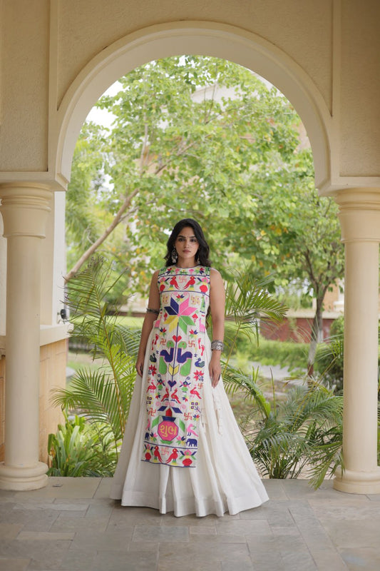 White Kora Cotton Lehenga Choli with Gamthi Thread Embroidered Work