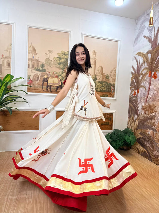 White Cotton Lehenga Choli Set with Koti Print and Kodi Work & Red Gold Border