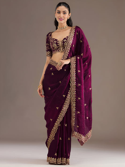 Wine Tissue Saree with Heavy Gold Embroidery Border & Designer Blouse