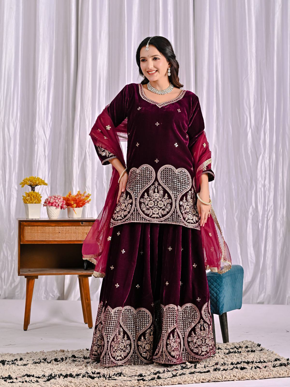 Wine Maroon Velvet Sharara Suit with Heavy Embroidery & Magenta Dupatta