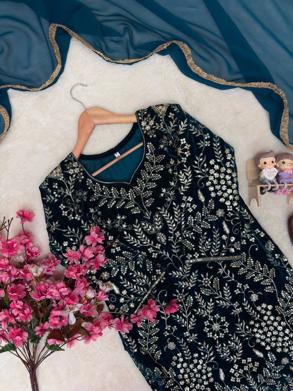 Navy Blue Velvet Punjabi Suit with Heavy Golden Embroidery, Palazzo Pants & Dupatta