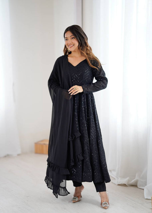 Elegant Black Lucknowi Anarkali Gown with Sequins Embroidery & Ruffle Dupatta