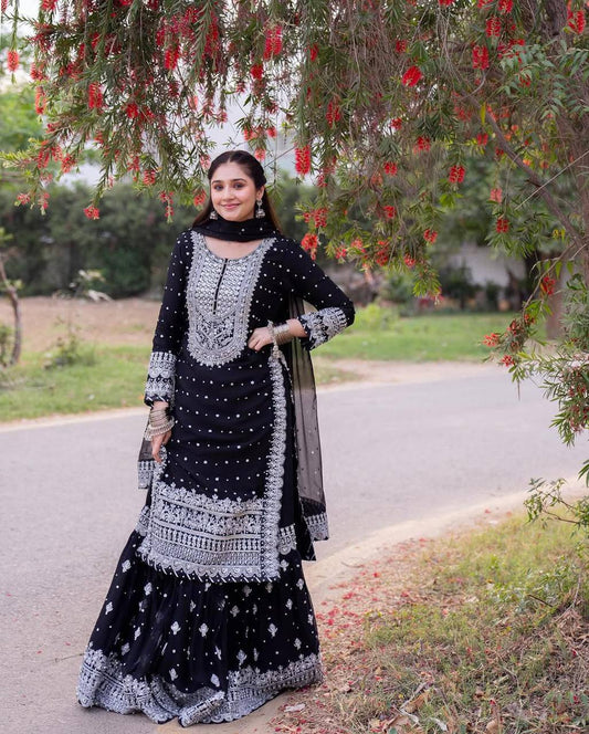 Designer Black Georgette Pakistani Sharara Dress for Weddings & Eid