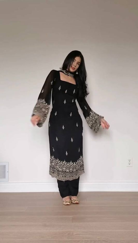 Black Embroidered Kurti Pant Set with Dupatta