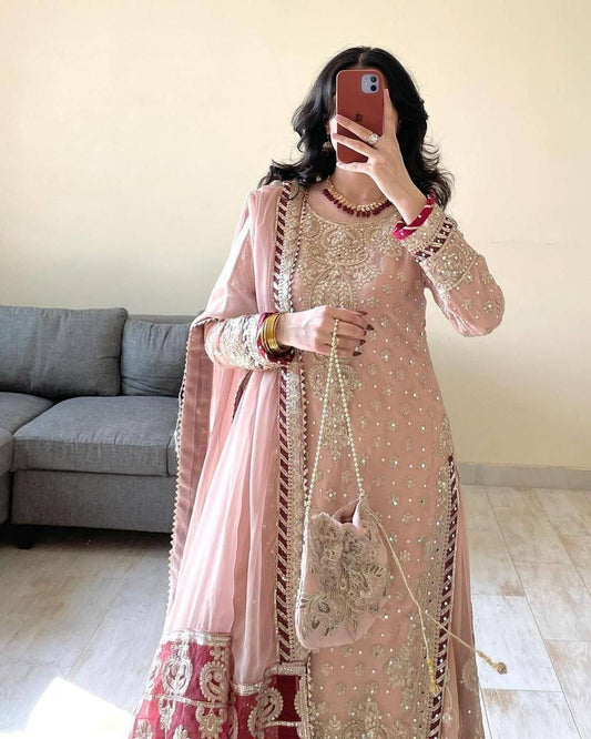 Blush Pink Sequins Embroidered Kurta Sharara Dupatta Set
