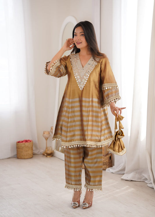Designer Festive & Party Wear Golden Tissue Co-Ord Set Mirror Work And Batwa