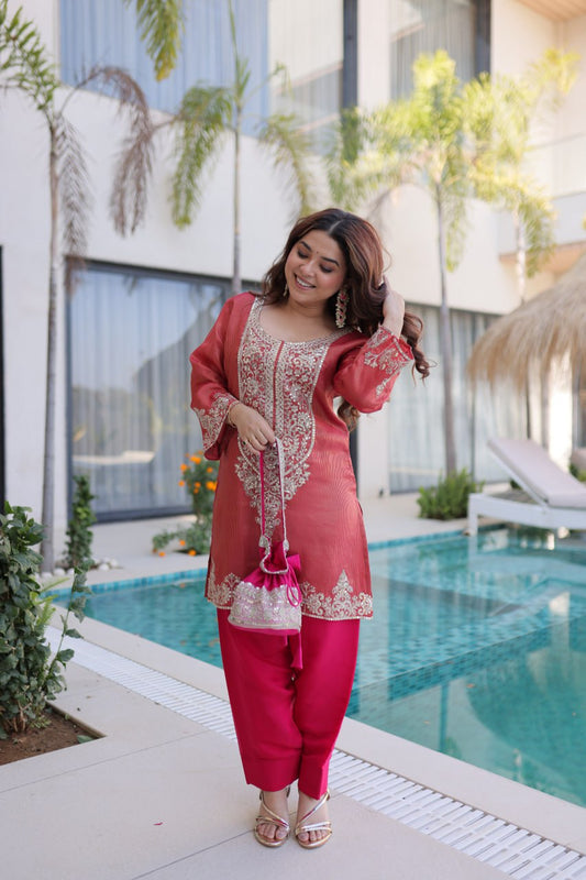 Designer Rust Co-Ord Embroidered Kurti Pant Set with Batwa